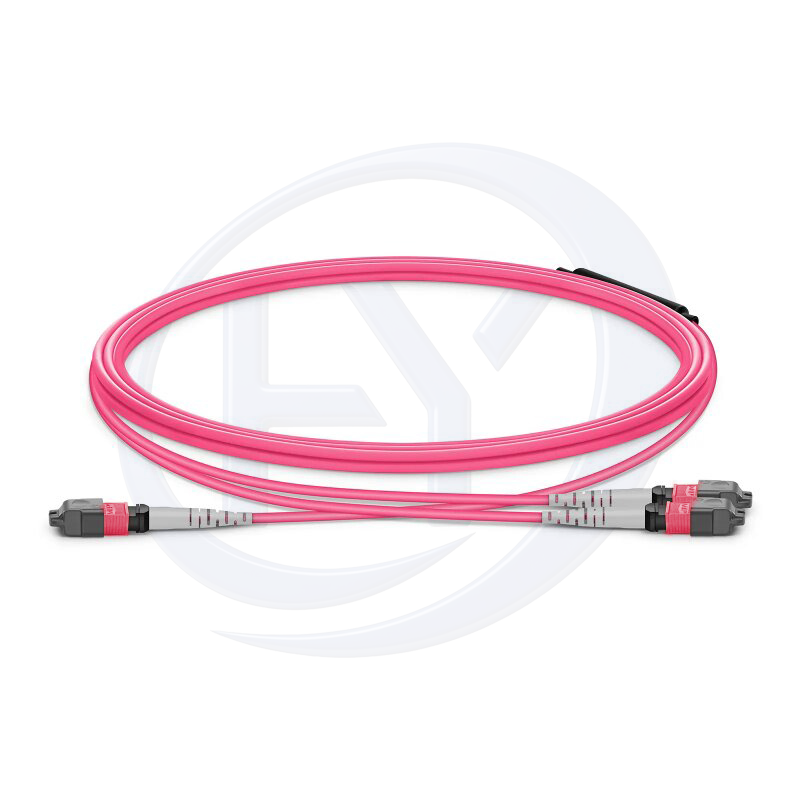 16F MTP® Trunk Cable 16F UPC(Female)-2x8F UPC(Female) OM4 0.6dB Max LSZH Rose Pink Jacket